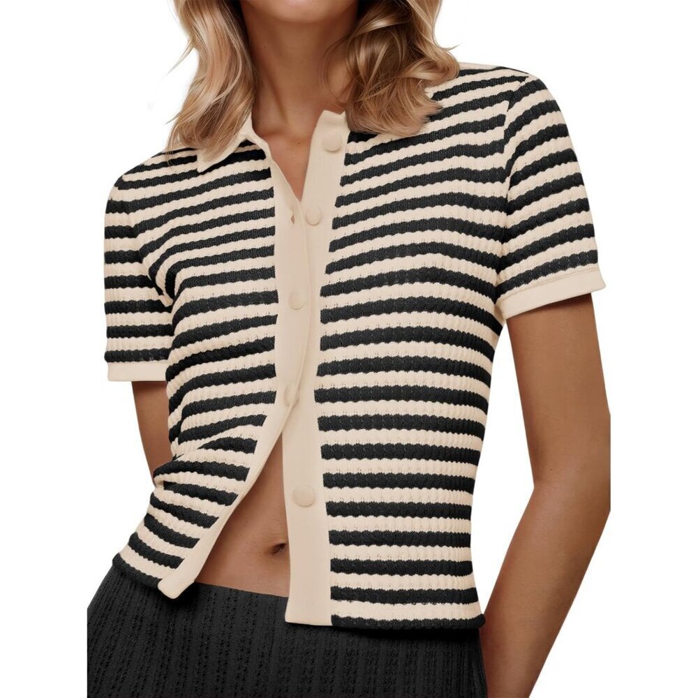 Women's Striped Short Sleeve Cropped Sweater Top with Buttons and Polo Collar
